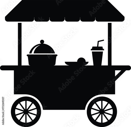 Black Silhouette Icon of a Food Cart with a Canopy and Dishes street food vendor