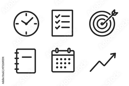 Business productivity icon set for time management, goal setting, planning. Vector icons: clock, checklist, target, calendar, growth arrow. Strategy & efficiency concept.