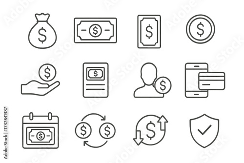 Money and finance thin line icon set. Vector pictograms for banking and economy. Concepts of savings, salary, mobile payment, transaction, currency exchange and investment.