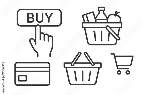 Online shopping icon set for e-commerce. Vector for internet sales and marketing. Hand clicking buy button, credit card payment, grocery basket, and cart for checkout.