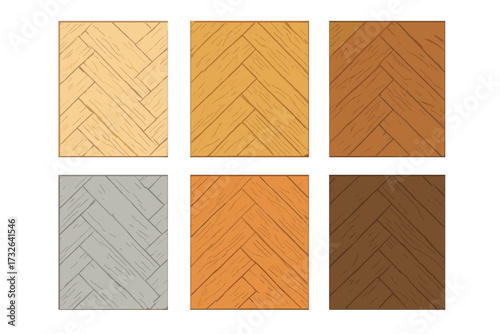 Wooden parquet floor texture set. Herringbone wood flooring samples in six colors. Vector elements for interior design constructor. Flat illustration of wood grain patterns.