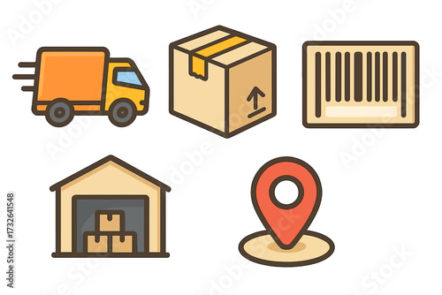 Logistics and delivery service icon set. Cartoon vector symbols of fast shipping truck, parcel box, barcode, warehouse storage, and map location pin for e-commerce business.