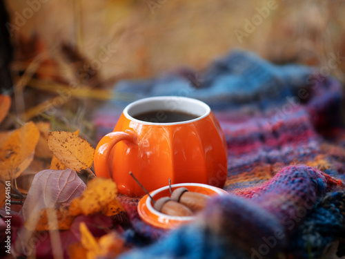 Autumn seasonal composition, orange mug of hot coffee with lid on a knitted warm scarf in an autumn forest or park.