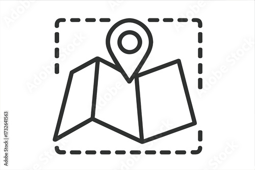 Map location pin icon vector. Navigation pointer symbol. Folded paper map with destination point. GPS route marker for travel and direction. Simple outline sign graphic design.