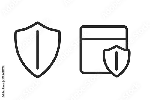 Secure payment and data protection icon set. Shield and credit card symbols for financial safety, online transaction security, and insurance guarantee. Minimalist line art vector.