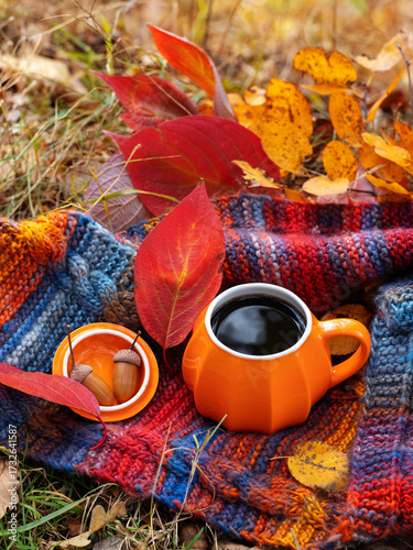 An orange cup of hot coffee, a warm knitted scarf in an autumn forest. A cozy seasonal composition.