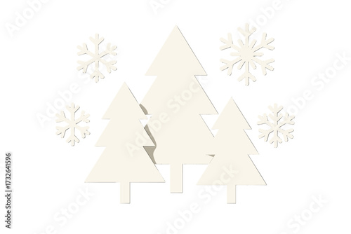 Merry Christmas greeting card in paper cut style. Minimalist geometric banner with Xmas trees and snowflakes. Happy New Year trendy design. Elegant retro winter holiday background.