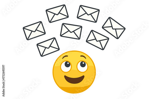 Receiving emails concept vector illustration. Happy emoji smiley looking up at falling envelope icons. Email marketing, communication, subscribe, and inbox notification.