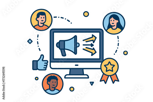 Referral program and affiliate marketing online business concept. Invite friends and earn prizes. Customer attraction strategy with megaphone on computer and user network.