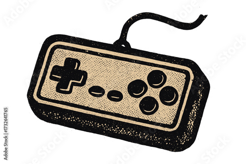 Retro gamepad in old halftone poster style. Vector illustration of a vintage grunge punk cutout shape. Nostalgic 80s 90s video game console controller. Old school gaming joypad.