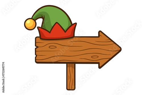 Christmas elf hat on wooden arrow sign. Cartoon vector pointer for holiday direction. Xmas navigation signboard. North Pole workshop guide. Festive wood blank plank with copy space.