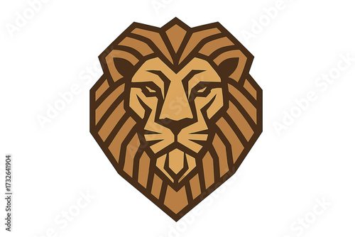Stylized geometric lion head illustration. Vector icon with tribal design for a modern logo. Symbol of power, strength, and courage. Abstract wild animal king emblem.
