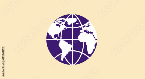 A simplified globe in purple and white, framed by lines