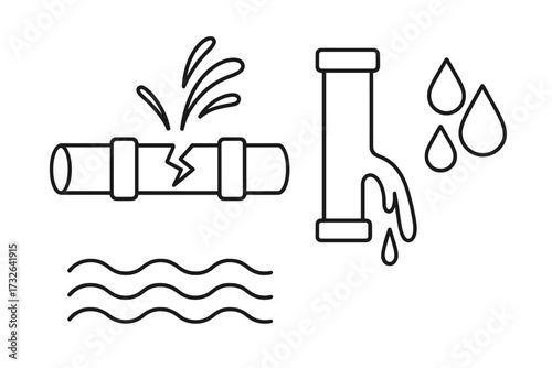 Leaking pipe line icon set. Broken water pipe, burst pipeline, dripping faucet concepts. Plumbing damage, flood, and emergency repair service symbol. Vector illustration.