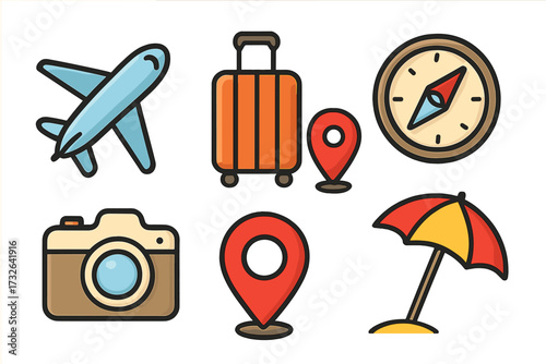 Travel icon set vector cartoon illustration. Flat design symbols for tourism and vacation. Includes airplane, luggage, location pin, compass, camera, and beach umbrella icons.
