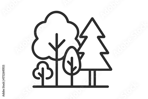 Forest trees outline icon. Set of pine, fir, oak tree line art symbols. Nature, park, wood, ecology, environment conservation concept. Simple vector logo illustration.