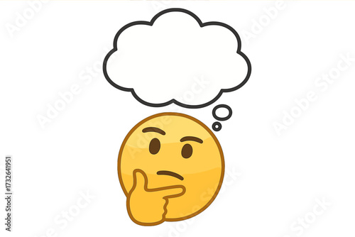 Thinking emoji with empty thought bubble vector. Contemplating face for idea, question, solution concept. Pondering emoticon character with copy space for text. Editable.