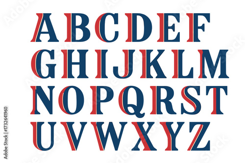 USA Art vector alphabet typeface. Classic serif font with 3D shadow effect in red and blue. Retro typography design for patriotic American posters, logos, and headlines.