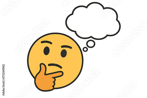Pondering face emoji with blank thought cloud. Concept for brainstorming, ideas, questioning, problem solving, and imagination. Editable vector illustration for web and apps.