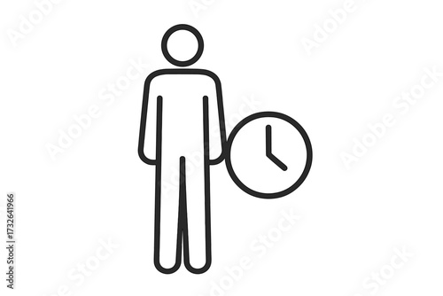 Time management icon with person and clock. Concept for schedule, deadline, waiting, and punctuality. Employee availability, working hours symbol. Business user pictogram vector.
