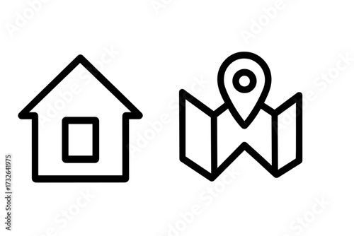 Home and map location icon set. House and destination pin on a folded map. Linear vector illustration for navigation, GPS, real estate, address search, and web design.
