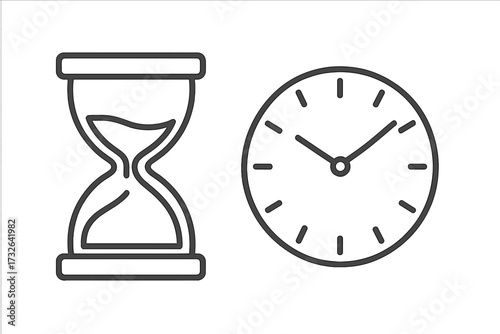 Time outline linear icons with hourglass and clock. Concept past vs present. Sandglass for history, watch for modern era. Deadline, countdown, schedule, timer, minute, hour.
