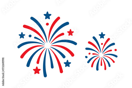 USA patriotic fireworks vector icon set. Red and blue firework explosion with stars. American national holiday, Independence Day, 4th of July celebration graphic element.