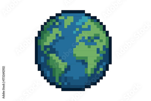 Pixel art Earth. 8 bit world globe icon for retro video game. Planet symbol for ecology, environment, and Earth Day concepts. Global travel and conservation vector illustration.