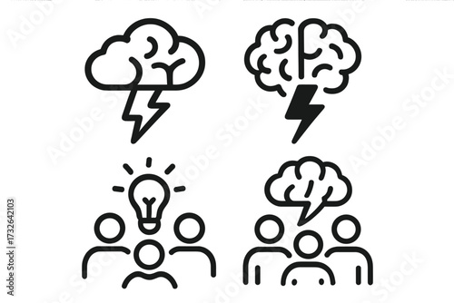 Brainstorming icon set for creative ideas and teamwork. Vector collection of brain, thunder, lightbulb, and group collaboration symbols. Innovation and solution concept.