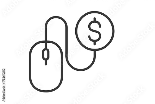 Pay per click vector line icon. PPC concept. Digital marketing and online advertising symbol. Computer mouse and dollar coin. E-commerce and business monetization strategy.