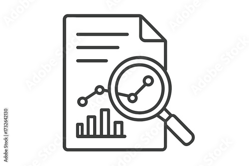 Data analysis icon. Magnifying glass over document with charts. Concept for market research, statistics, web analytics, business report, audit, financial review, seo analysis.