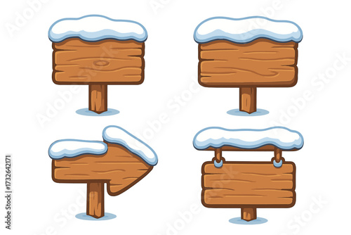 Set of wooden signboards with snow. Winter cartoon vector signs. Empty wood plank pointers and billboards for text. Arrow direction signs for Christmas and holiday season.