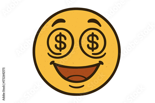 Vintage retro smiley with dollar sign eyes. Cute money-hypnotized emoji for wealth and success concepts. Greed, get rich quick, jackpot winner vector character illustration.