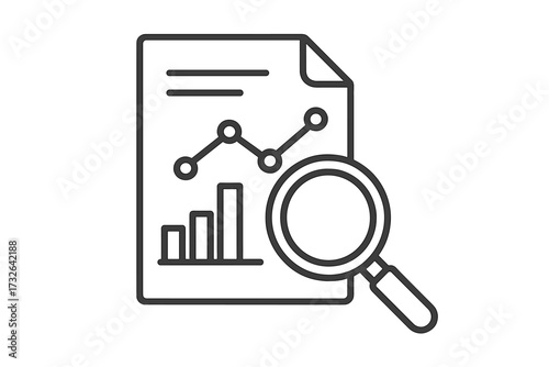 Data analysis icon. Market research. Business statistics report. Financial audit document. Analytics with chart and graph. Magnifying glass for search, review, inspection.