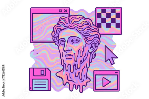 Vaporwave collage with a melting Greek statue head and retro 80s user interface elements. Synthwave art illustration with a floppy disk, glitch windows, and distorted waves.