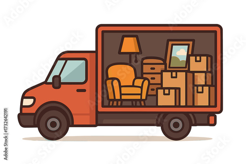 We are moving concept. Truck full of assorted furniture and cardboard boxes for relocation to a new home. Delivery van for transport service. Moving day banner for house or office.