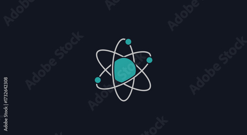 Atom icon teal nucleus, electrons orbit on dark background