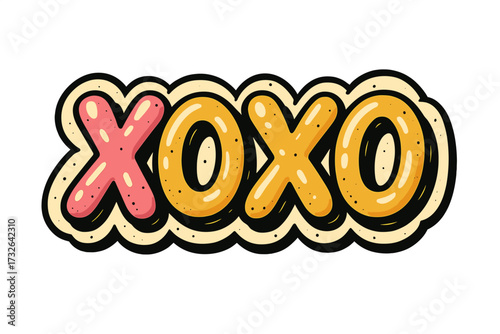 XOXO hugs and kisses groovy retro 70s sticker. Cute girly comic pop art bubble letters. 3D vintage typography for Valentine's day. Love and friendship vector illustration.