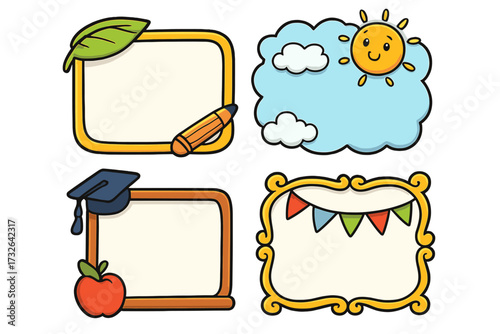 Set of cute cartoon frames. Education border with graduation cap, apple, pencil. Celebration frame with flags. Nature leaf frame and sunny sky cloud border. Vector design elements.