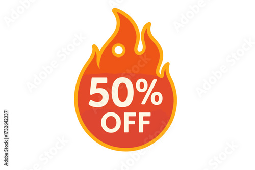 Hot sale 50% off discount banner. Flame shaped price tag for promotion. Fire sticker for marketing and shopping. Vector illustration of a special offer label for clearance.