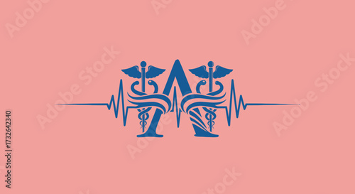 A blue medical symbol on a salmon background