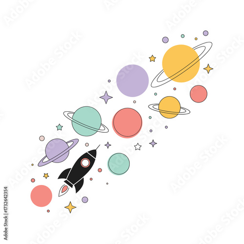 Whimsical cartoon rocket ship blasting off into a colorful pastel galaxy with planets and stars