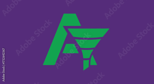 Abstract green shape, like an "A" merged with a funnel on a solid purple background
