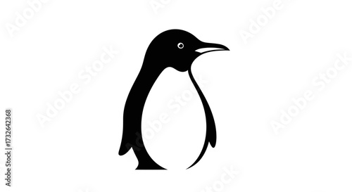 Sleek black penguin silhouette on white, facing right with a dark eye