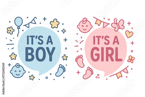 It's a boy and It's a girl gender reveal announcement set. Cute doodle vector illustration for baby shower. Newborn celebration graphic with pink and blue speech bubbles.