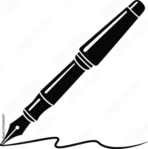 Black silhouette of a fountain pen writing a wavy line on white background calligraphy stationery