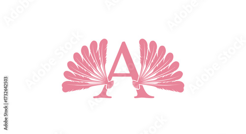 Rose letter "A" adorned by feather-like motifs on a white backdrop