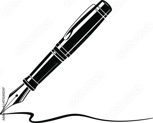 Black silhouette of a fountain pen writing a wavy line on white background calligraphy stationery