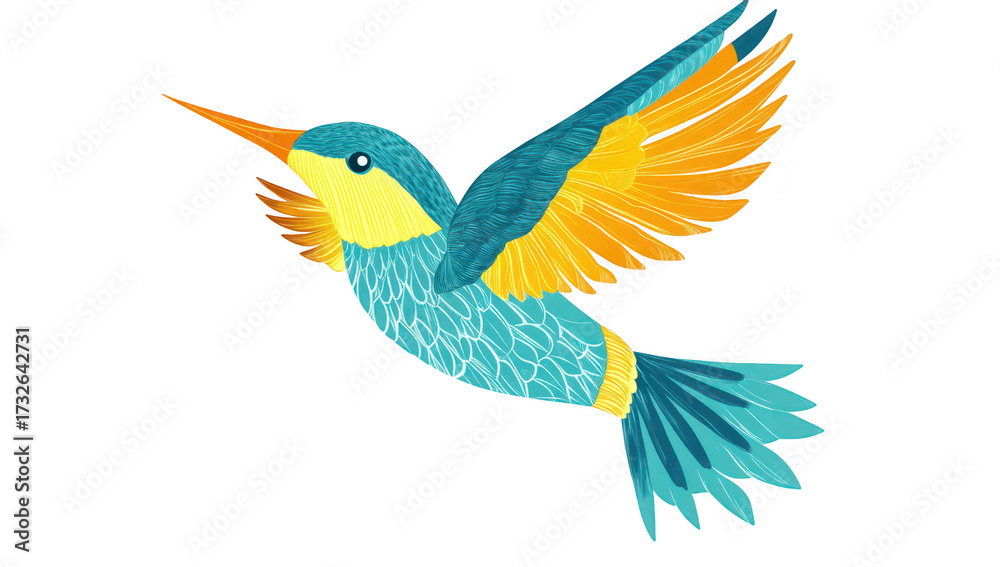 Fototapeta premium A vibrant. illustrated hummingbird in mid-flight its colorful feathers against a plain background. perfect for nature-themed projects or educational materials