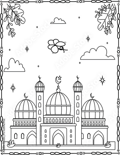 A black and white drawing of a mosque with a moon in the background. For kids and Adults.